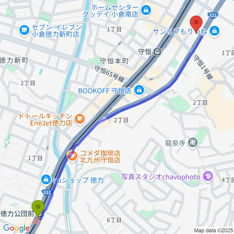 徳力公団前駅から88ネルソンへのルートマップ地図