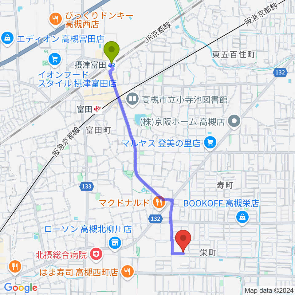 摂津富田駅から高槻ハイダウェイへのルートマップ地図