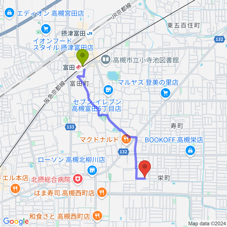 高槻ハイダウェイの最寄駅富田駅からの徒歩ルート（約18分）地図