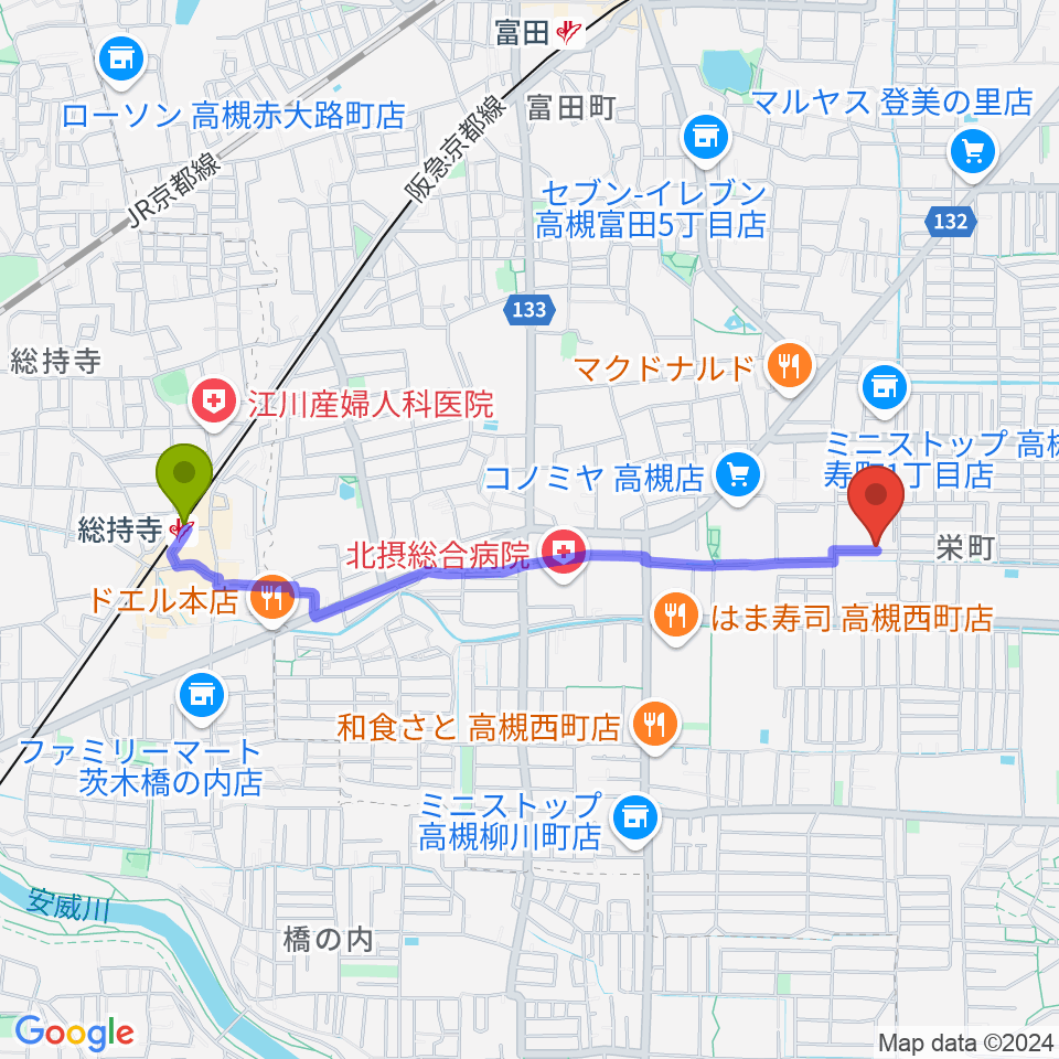 総持寺駅から高槻ハイダウェイへのルートマップ地図