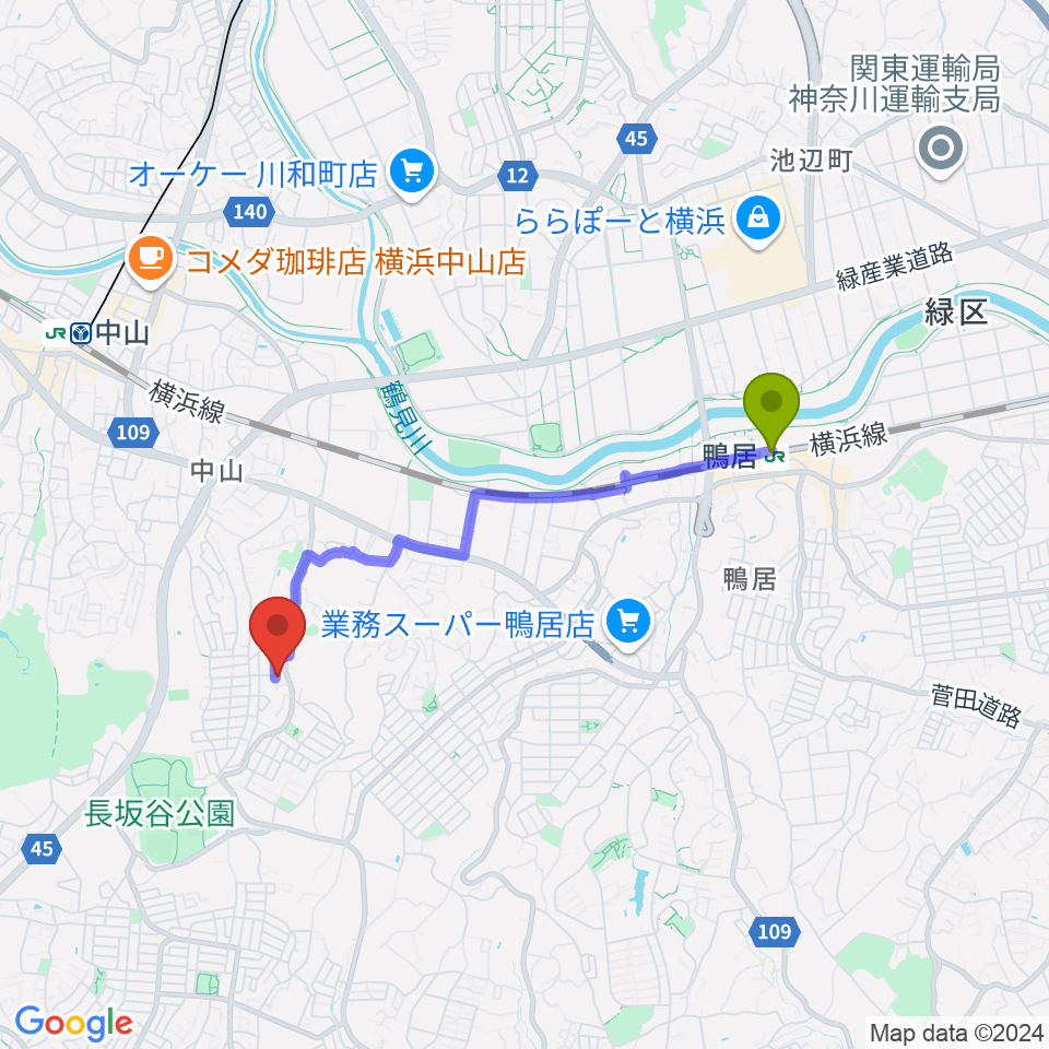 鴨居駅から西島ピアノ教室へのルートマップ地図