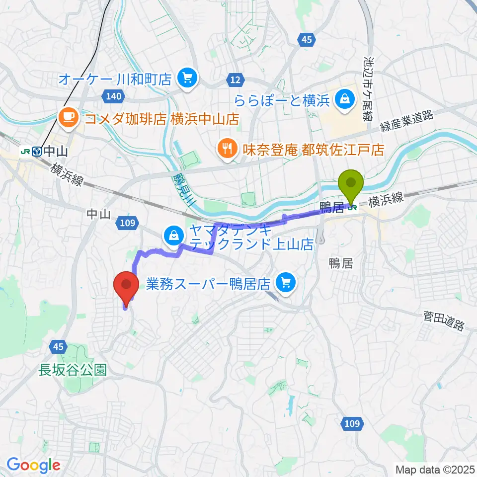 鴨居駅から西島ピアノ教室へのルートマップ地図