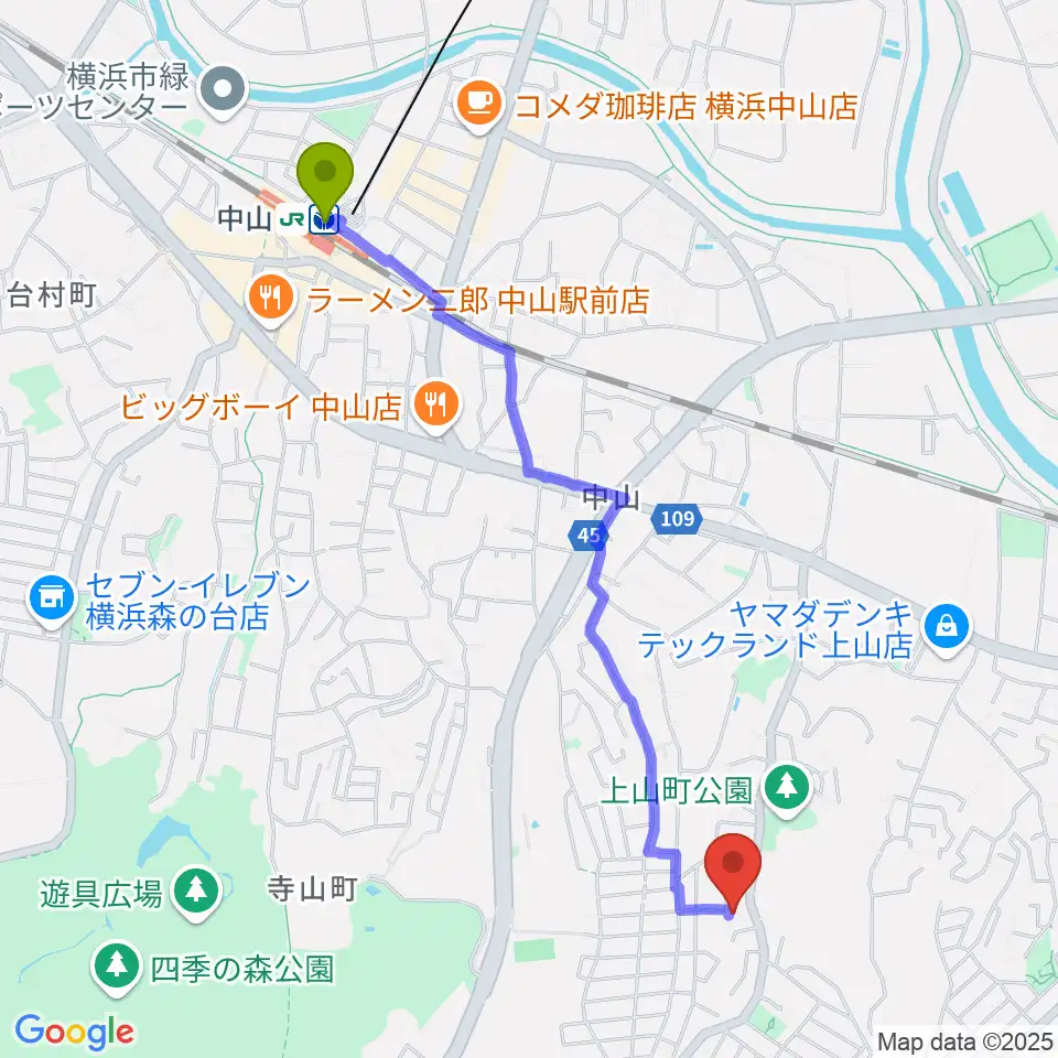 西島ピアノ教室の最寄駅中山駅からの徒歩ルート（約24分）地図