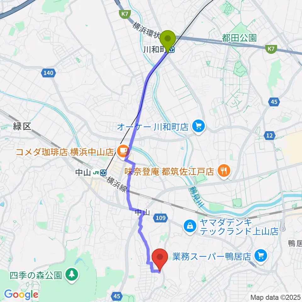 川和町駅から西島ピアノ教室へのルートマップ地図