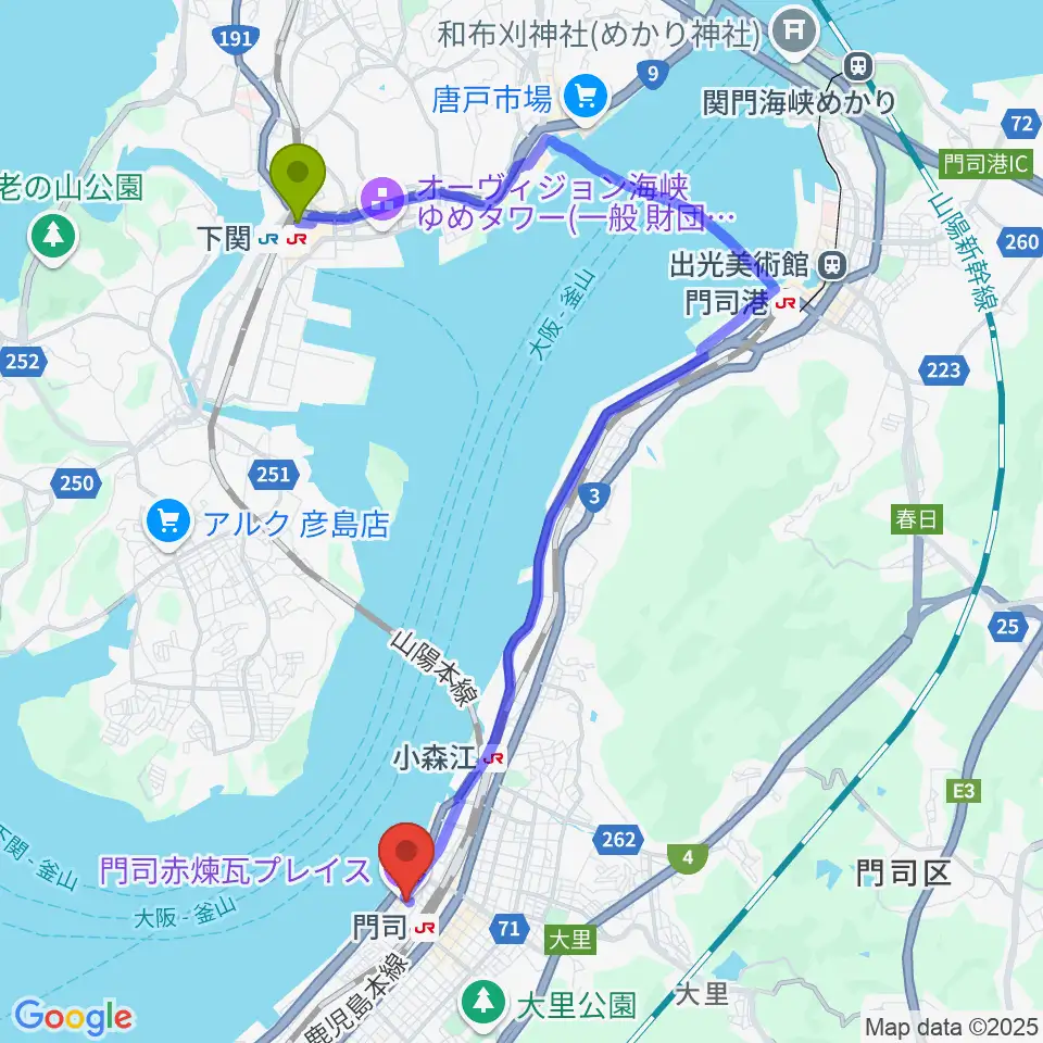 下関駅からBRICK HALLへのルートマップ地図