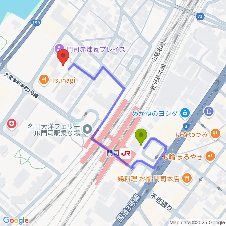 門司駅からBRICK HALLへのルートマップ地図