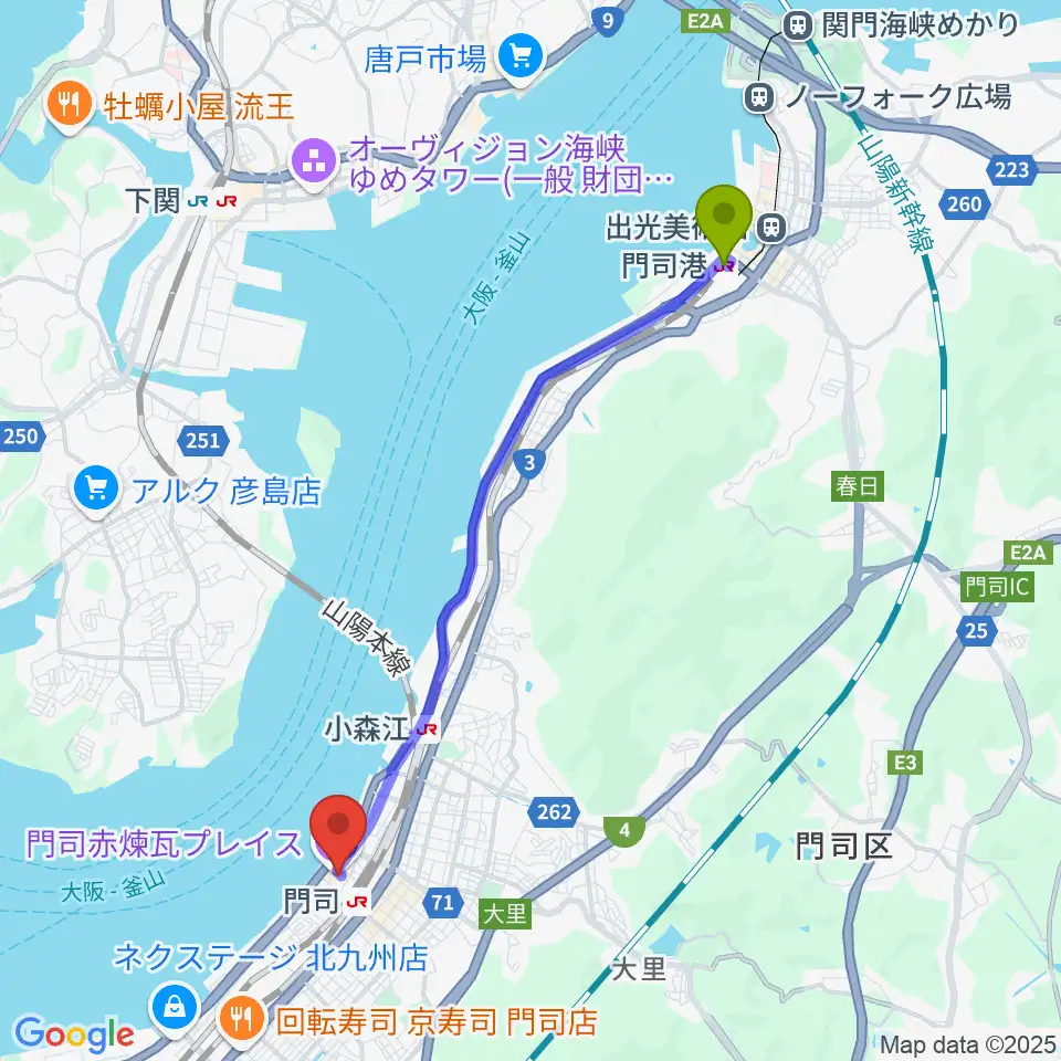 門司港駅からBRICK HALLへのルートマップ地図