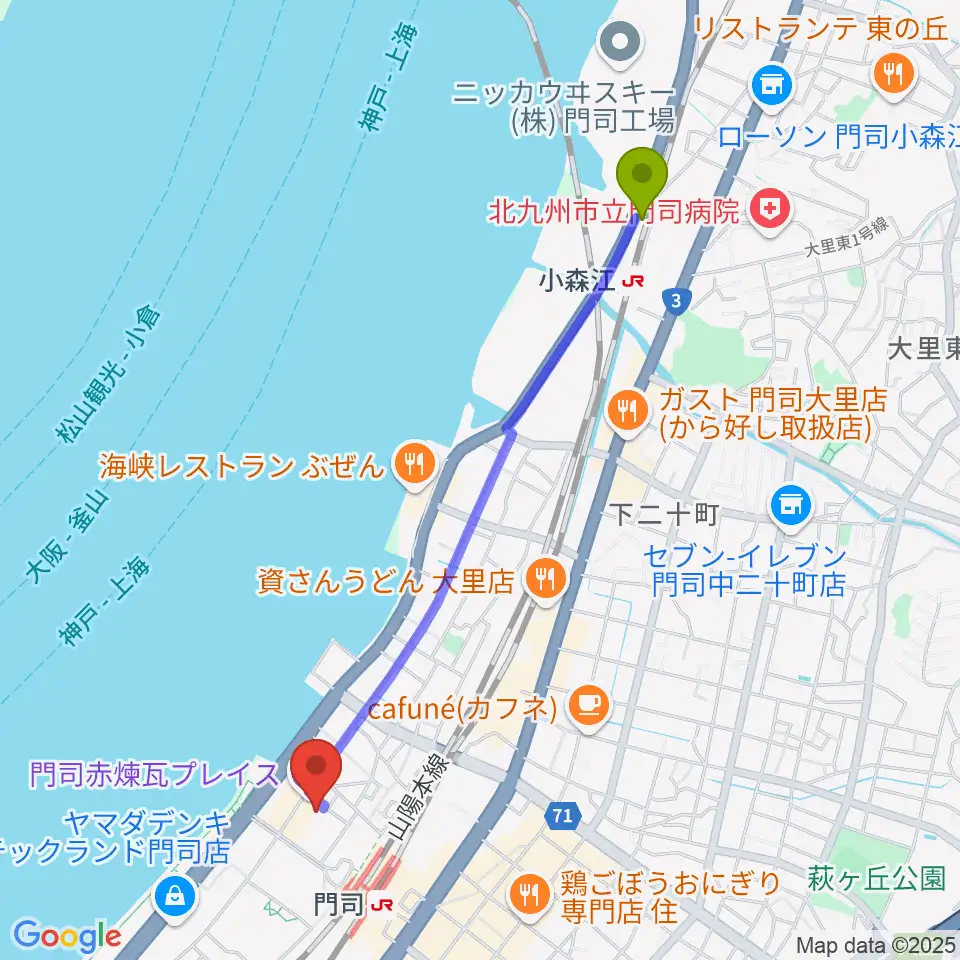 BRICK HALLの最寄駅小森江駅からの徒歩ルート（約22分）地図