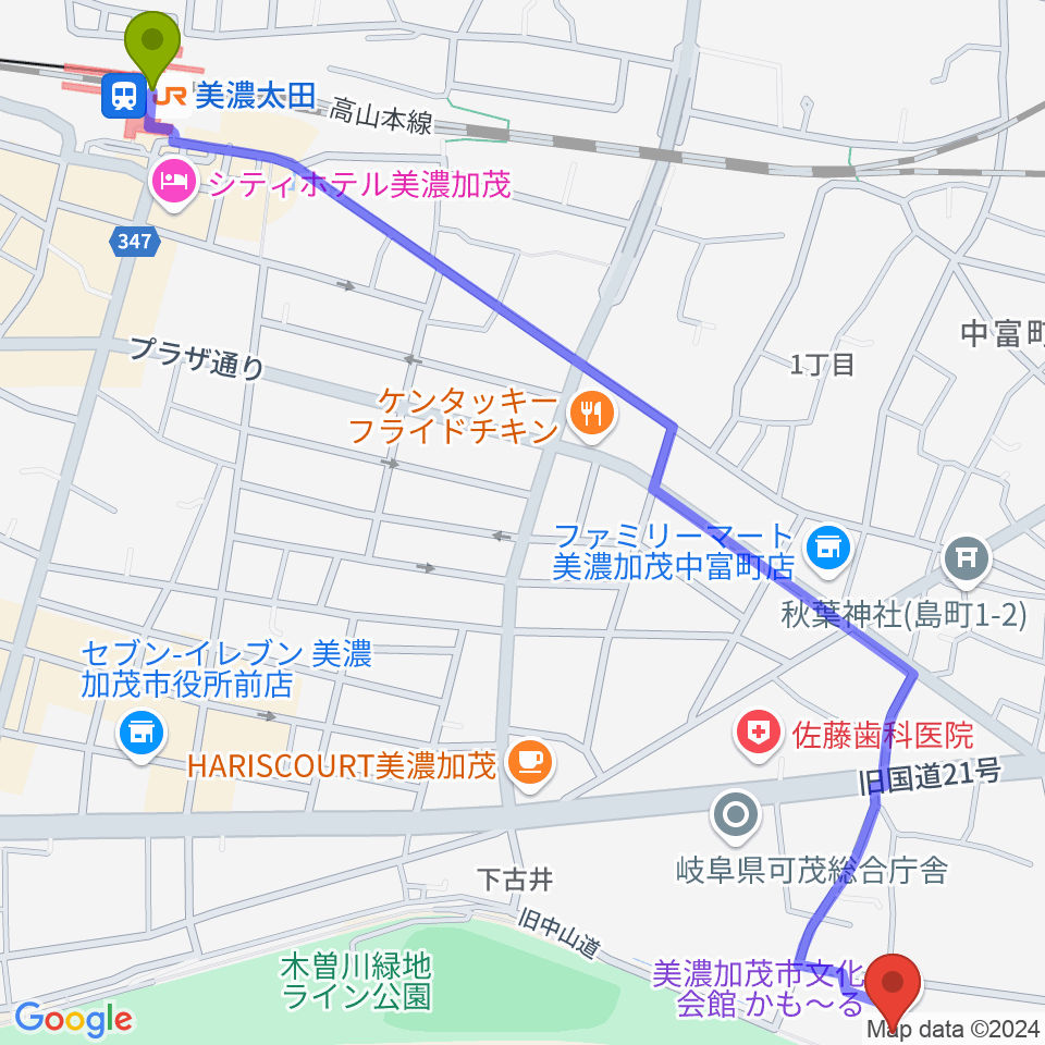 かも〜る 美濃加茂市文化会館の最寄駅美濃太田駅からの徒歩ルート（約18分）地図