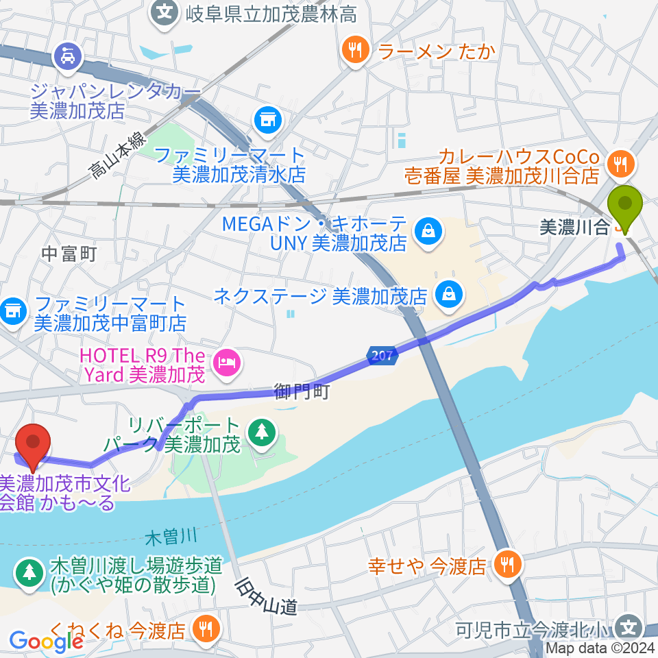 美濃川合駅からかも〜る 美濃加茂市文化会館へのルートマップ地図