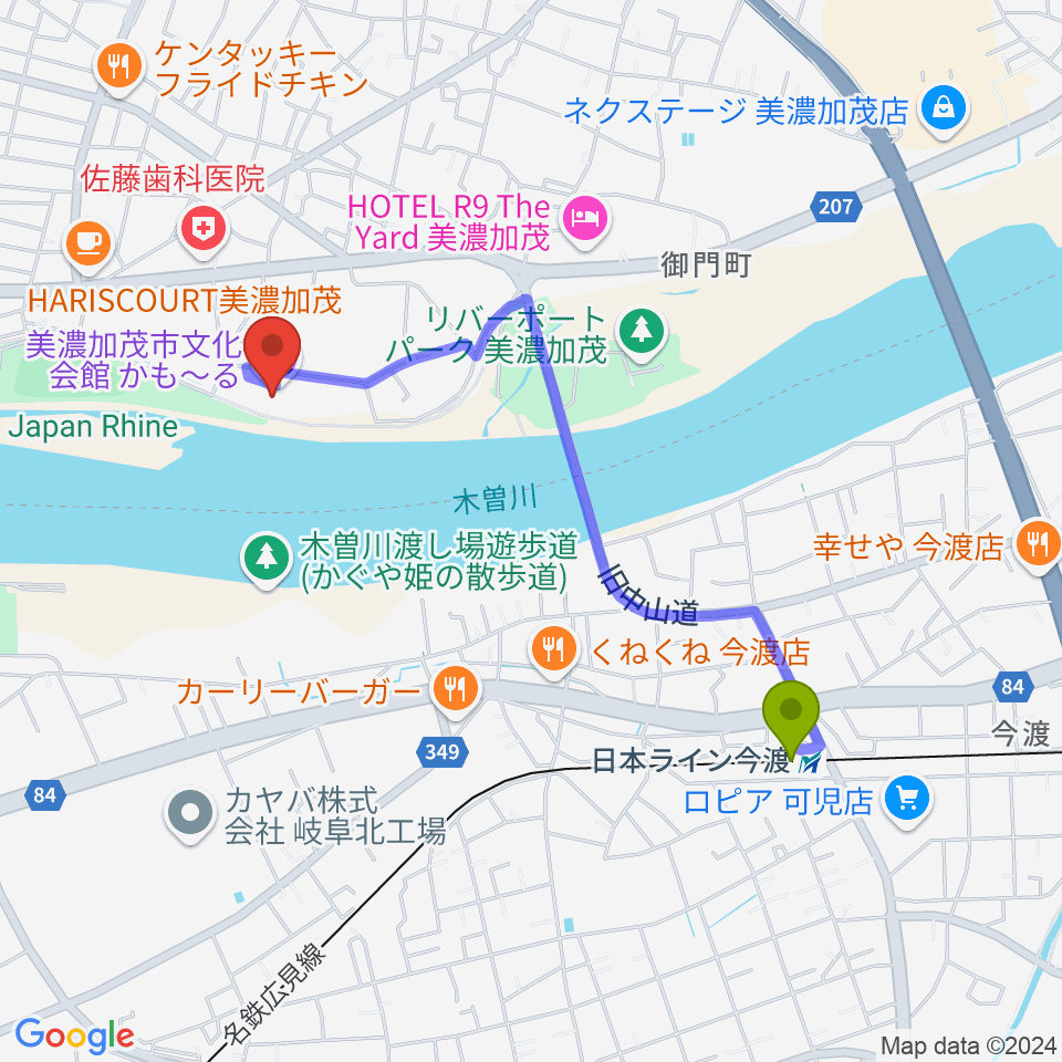 日本ライン今渡駅からかも〜る 美濃加茂市文化会館へのルートマップ地図