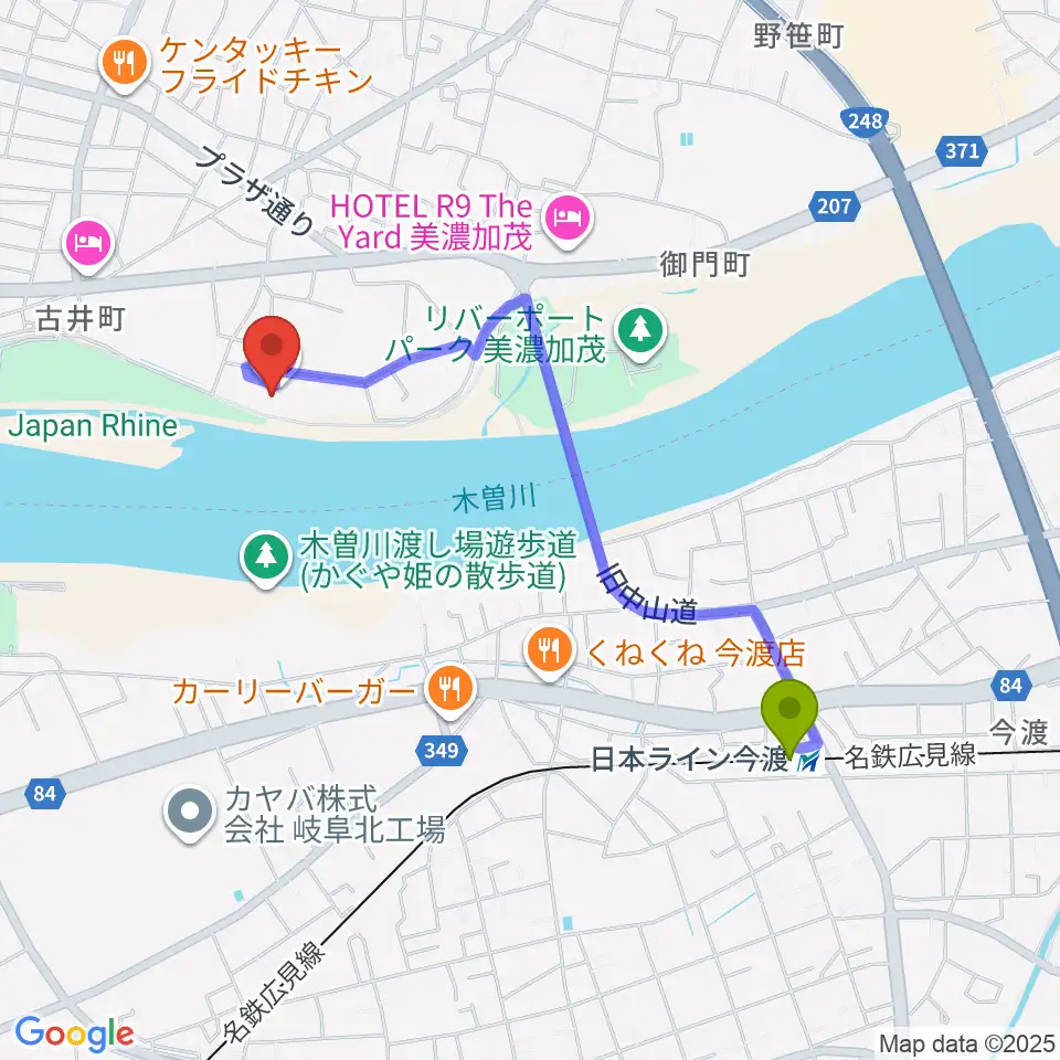 日本ライン今渡駅からかも〜る 美濃加茂市文化会館へのルートマップ地図
