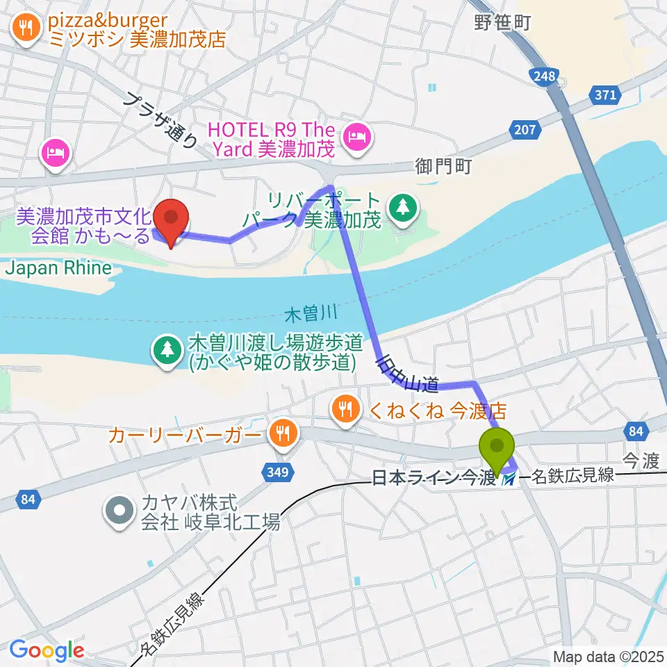 日本ライン今渡駅からかも〜る 美濃加茂市文化会館へのルートマップ地図
