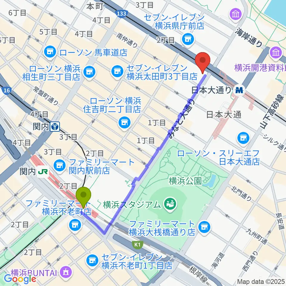 関内駅から横浜市開港記念会館へのルートマップ地図