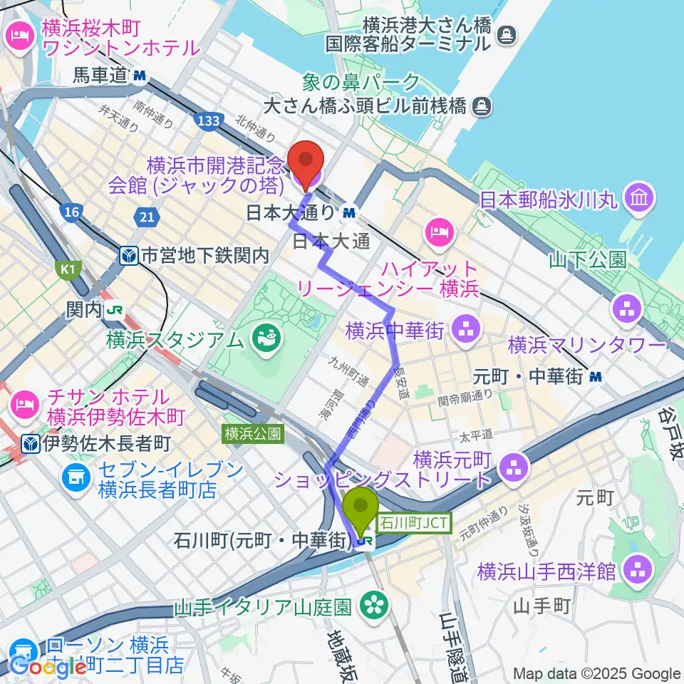 石川町駅から横浜市開港記念会館へのルートマップ地図