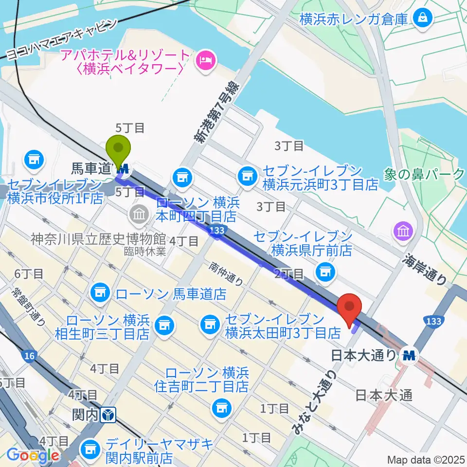 馬車道駅から横浜市開港記念会館へのルートマップ地図