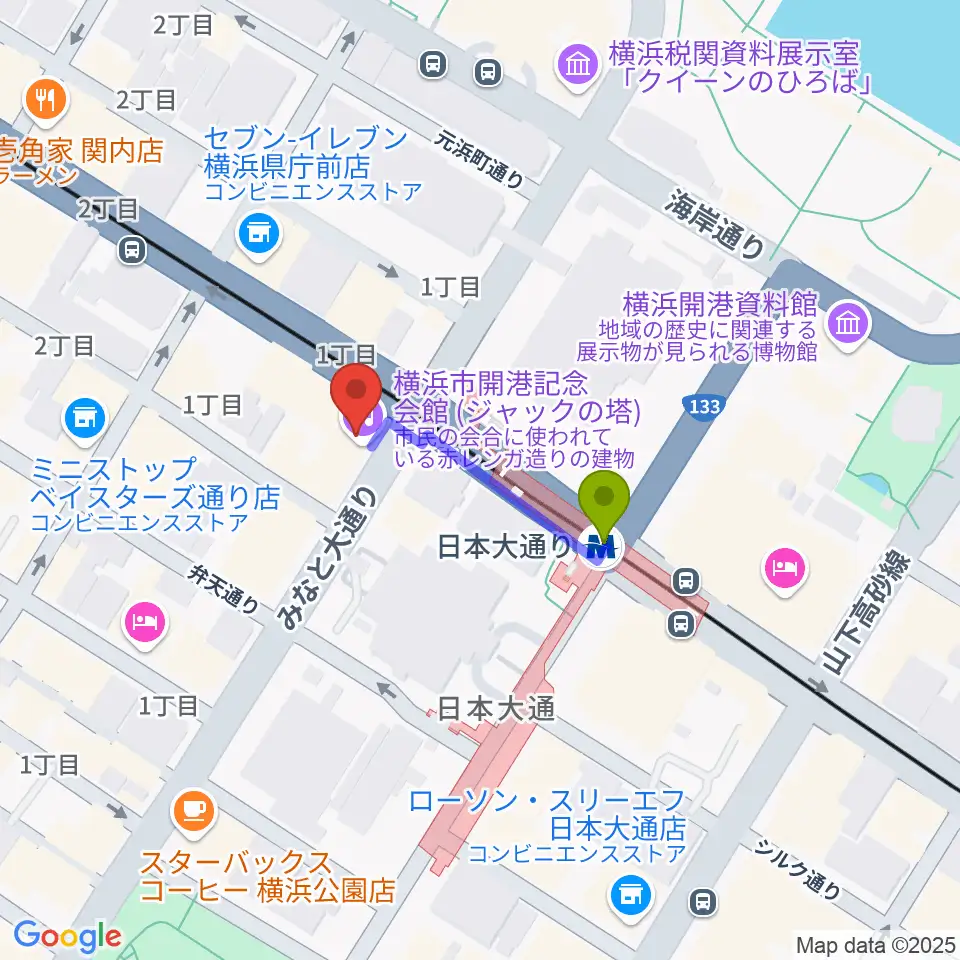 横浜市開港記念会館の最寄駅日本大通り駅からの徒歩ルート（約2分）地図