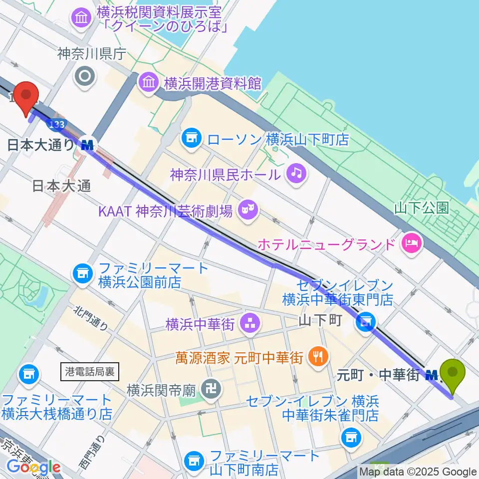 元町・中華街駅から横浜市開港記念会館へのルートマップ地図