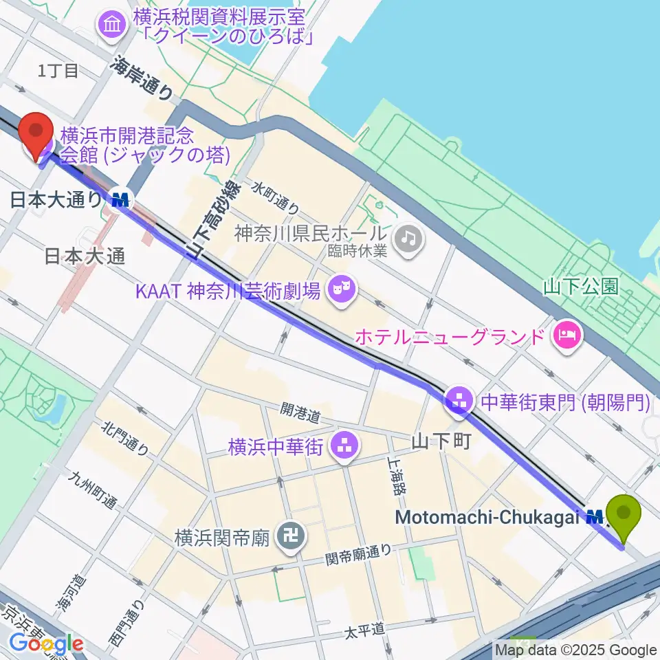 元町・中華街駅から横浜市開港記念会館へのルートマップ地図