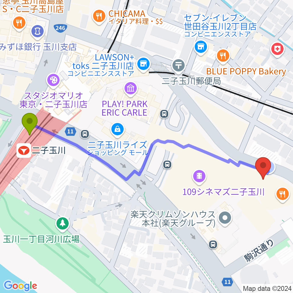 イッツコムスタジオ＆ホール二子玉川ライズの最寄駅二子玉川駅からの徒歩ルート（約6分）地図