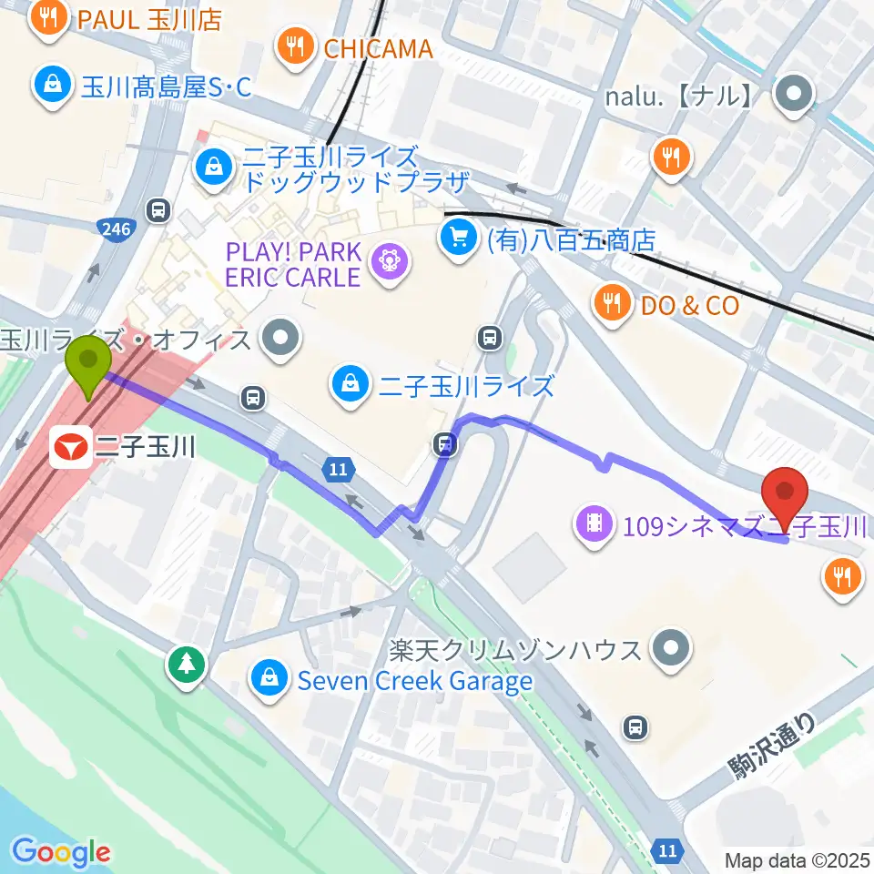 イッツコムスタジオ＆ホール二子玉川ライズの最寄駅二子玉川駅からの徒歩ルート（約6分）地図