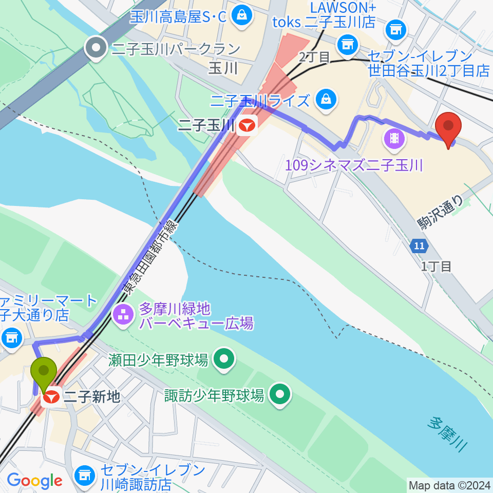 二子新地駅からイッツコムスタジオ＆ホール二子玉川ライズへのルートマップ地図