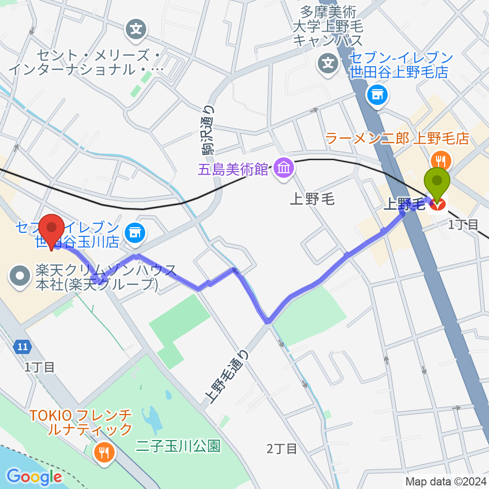 上野毛駅からイッツコムスタジオ＆ホール二子玉川ライズへのルートマップ地図