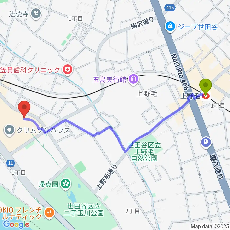 上野毛駅からイッツコムスタジオ＆ホール二子玉川ライズへのルートマップ地図