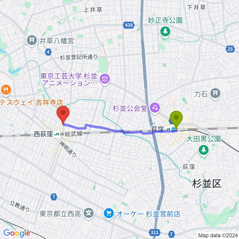 荻窪駅からアケタの店へのルートマップ地図