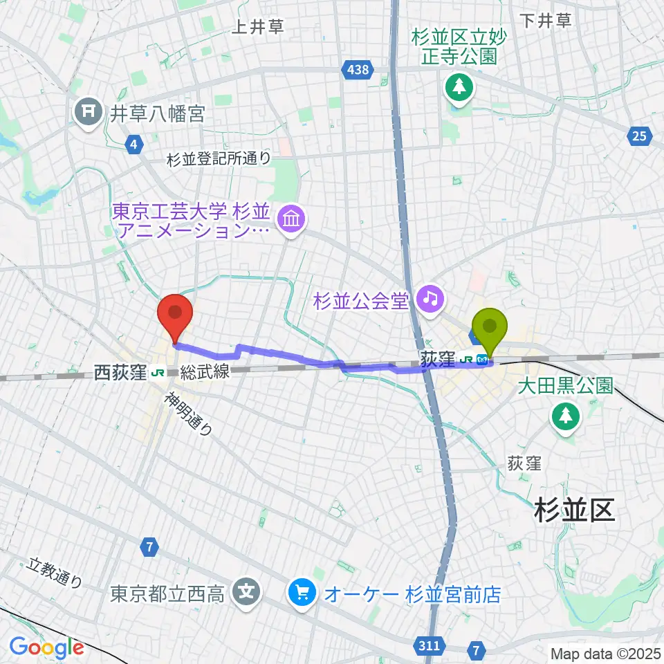 荻窪駅からアケタの店へのルートマップ地図