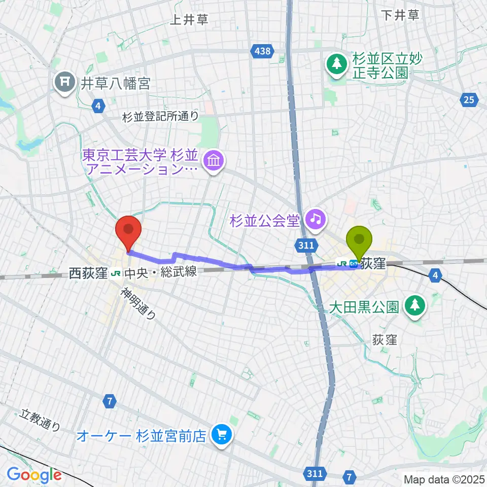 荻窪駅からアケタの店へのルートマップ地図