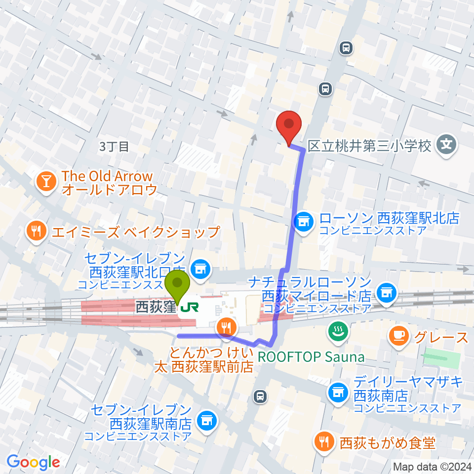 アケタの店の最寄駅西荻窪駅からの徒歩ルート（約3分）地図