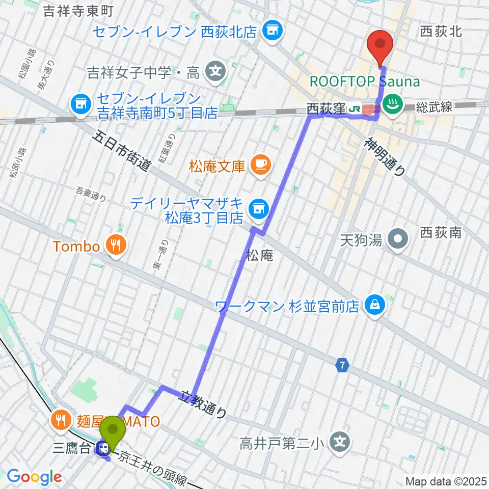 三鷹台駅からアケタの店へのルートマップ地図