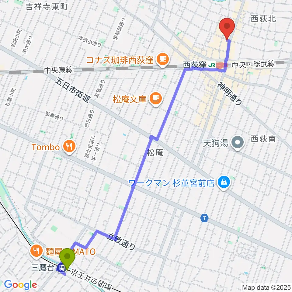 三鷹台駅からアケタの店へのルートマップ地図