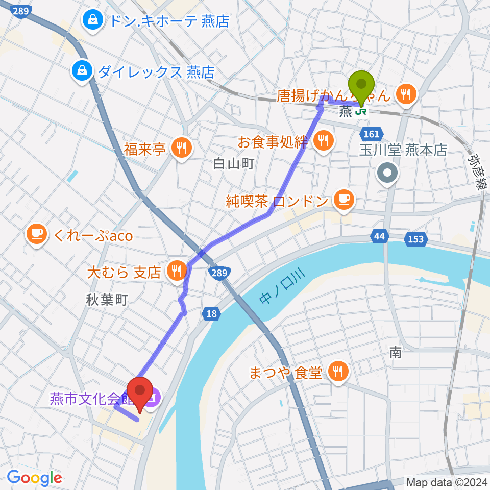 燕市文化会館の最寄駅燕駅からの徒歩ルート（約23分）地図