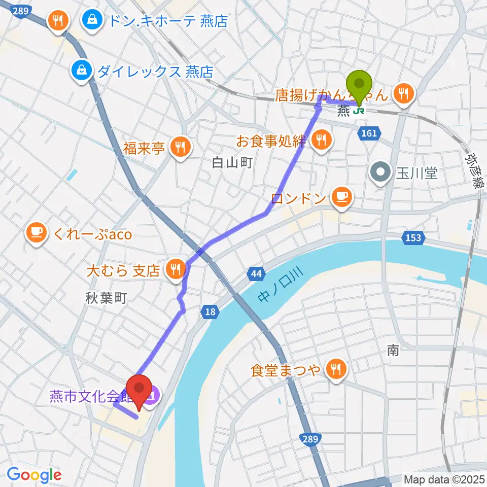 燕市文化会館の最寄駅燕駅からの徒歩ルート（約23分）地図