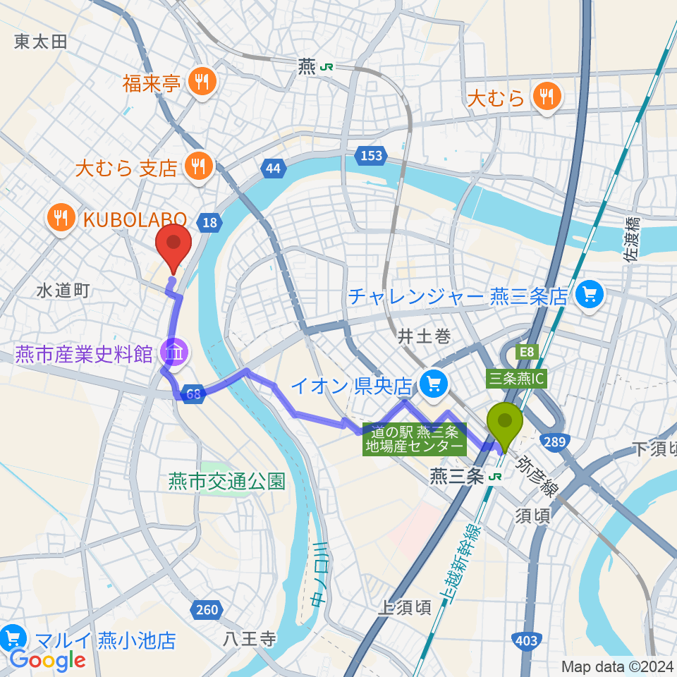 燕三条駅から燕市文化会館へのルートマップ地図