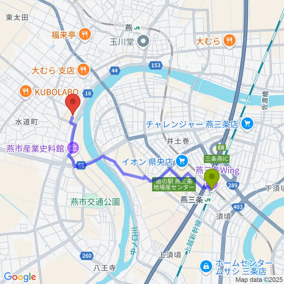 燕三条駅から燕市文化会館へのルートマップ地図