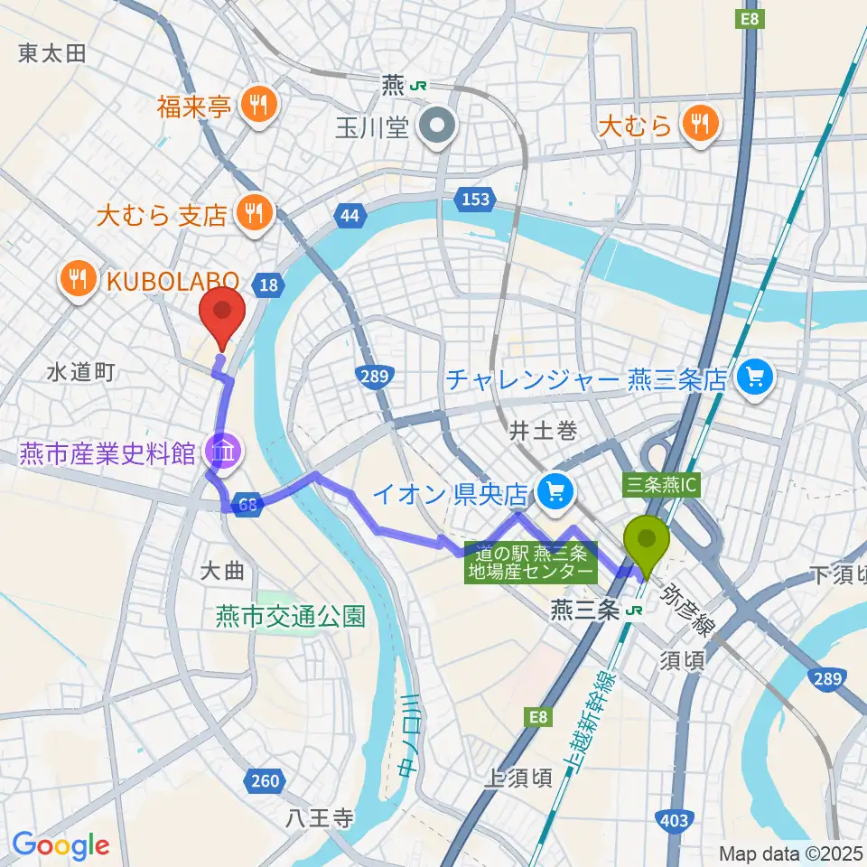 燕三条駅から燕市文化会館へのルートマップ地図