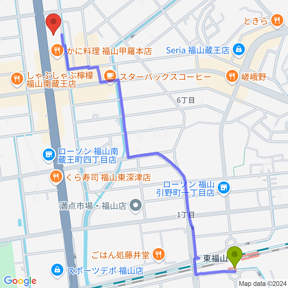 スガナミ楽器蔵王店の最寄駅東福山駅からの徒歩ルート（約16分）地図