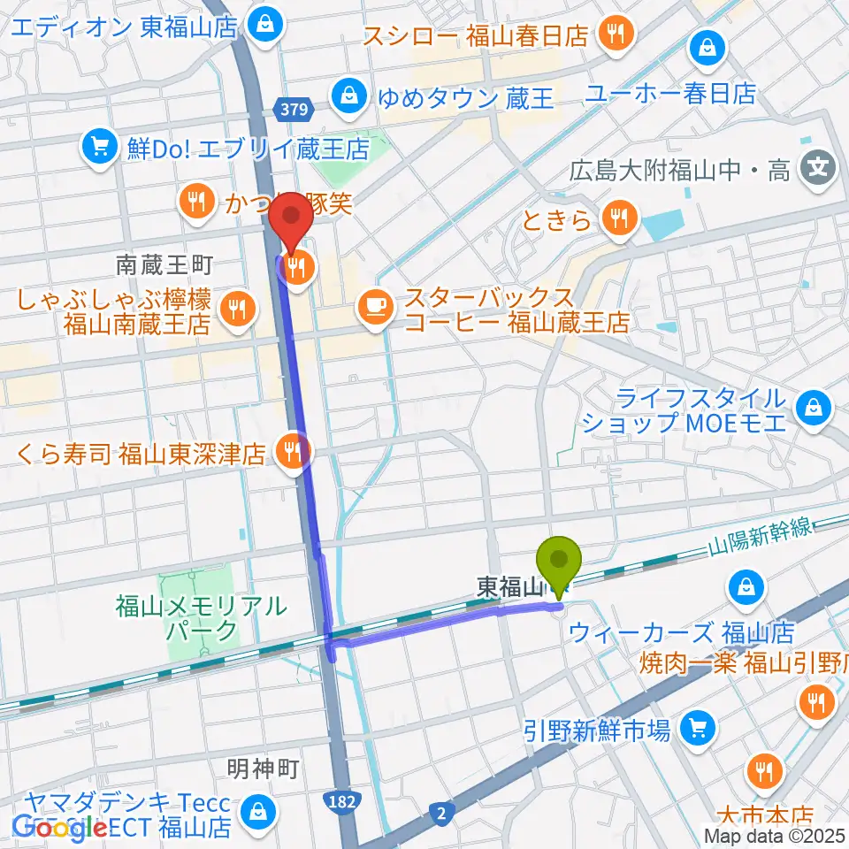 スガナミ楽器蔵王店の最寄駅東福山駅からの徒歩ルート（約16分）地図