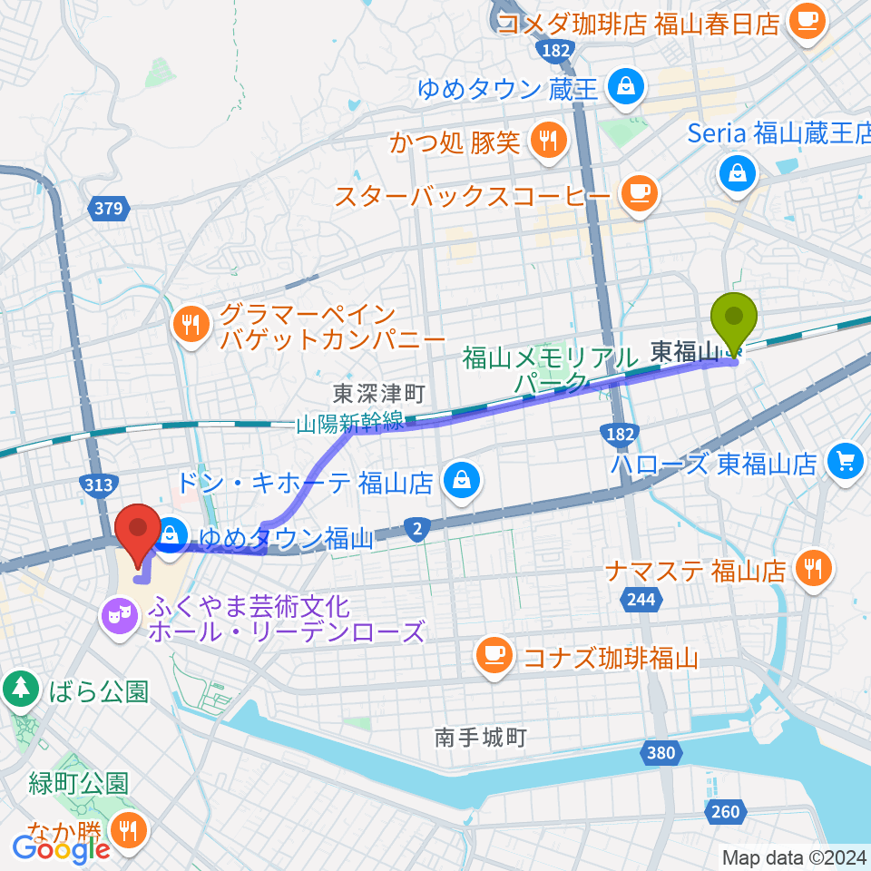 東福山駅からミュージックパークスガナミへのルートマップ地図