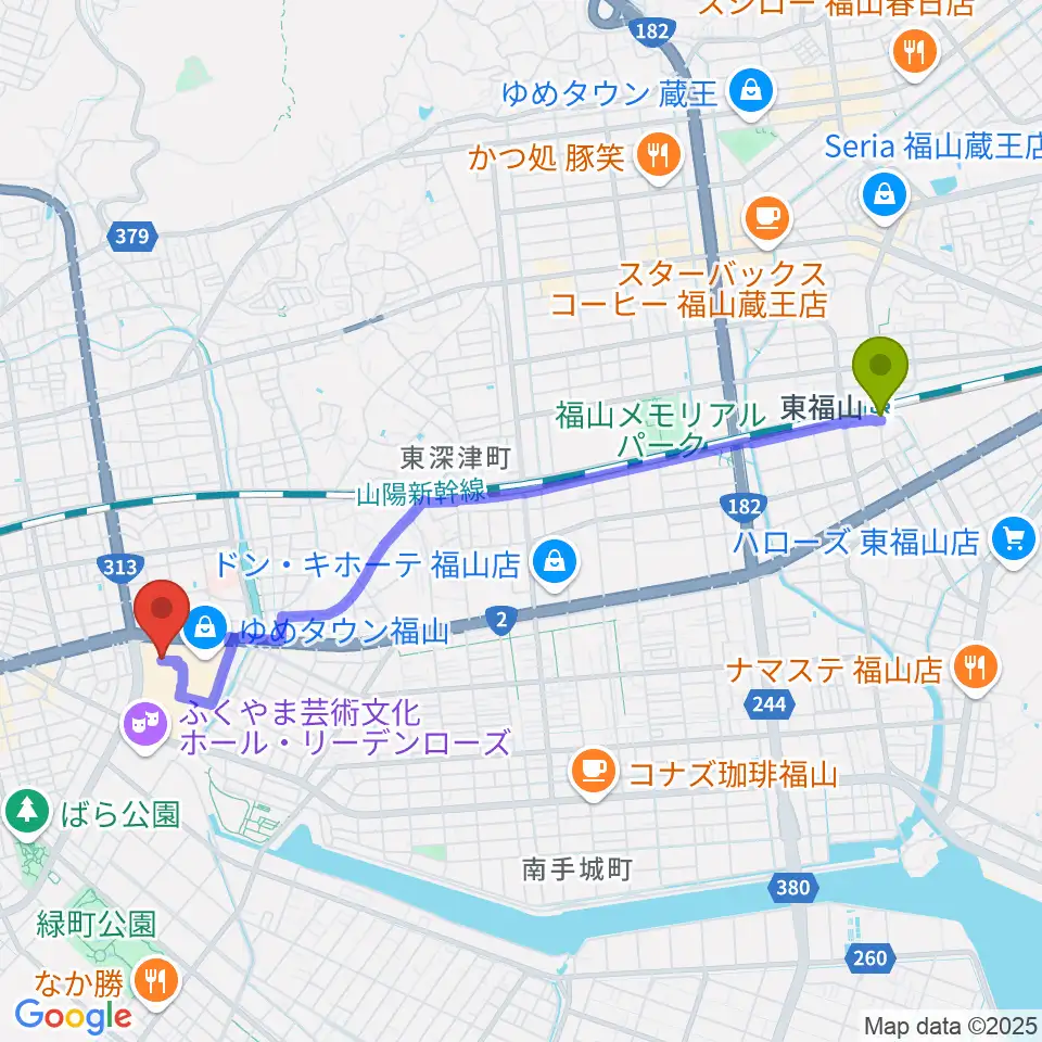 東福山駅からミュージックパークスガナミへのルートマップ地図