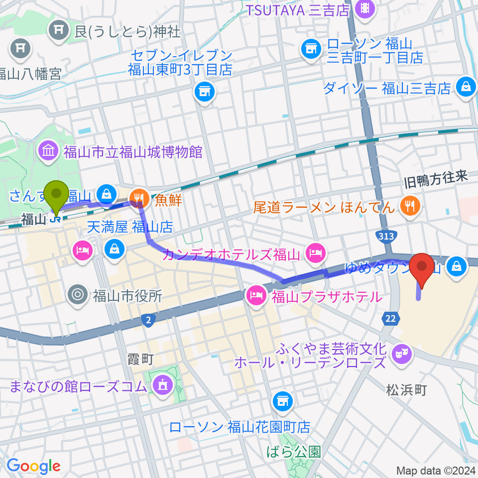 ミュージックパークスガナミの最寄駅福山駅からの徒歩ルート（約25分）地図