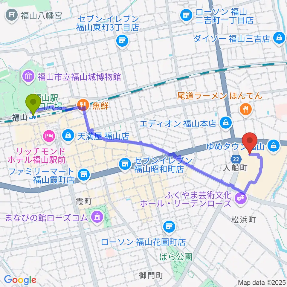 ミュージックパークスガナミの最寄駅福山駅からの徒歩ルート（約24分）地図