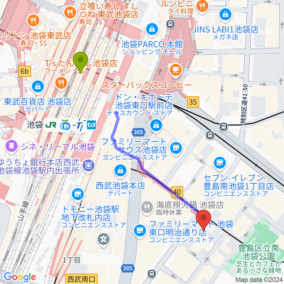 クロサワ楽器池袋店 アコースティック館の最寄駅池袋駅からの徒歩ルート（約5分）地図