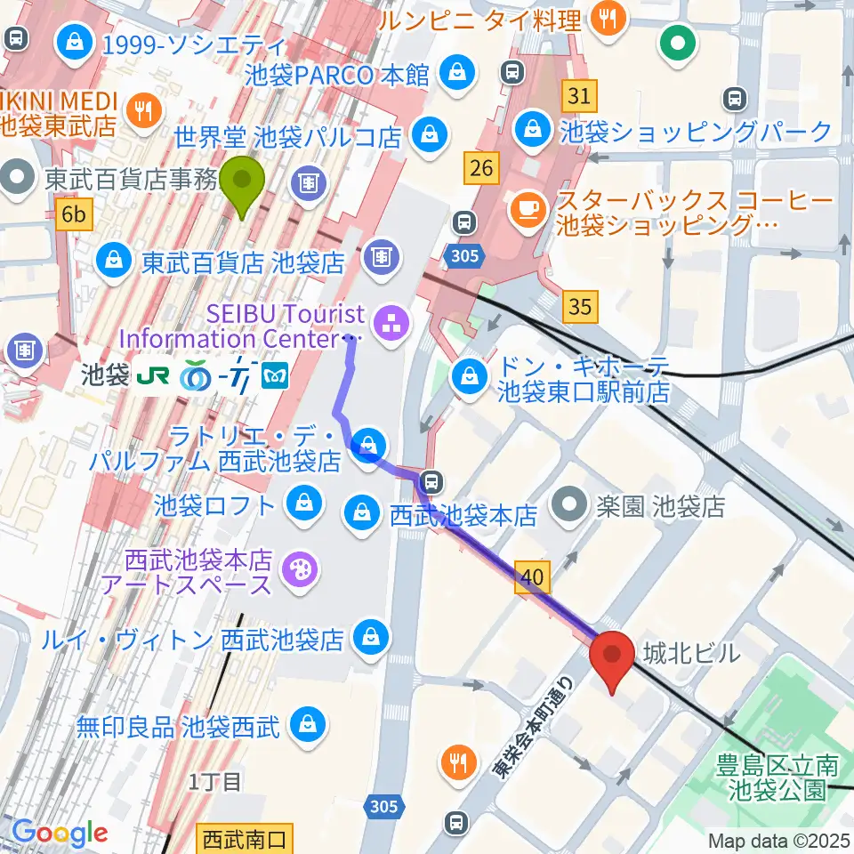 クロサワ楽器池袋店 アコースティック館の最寄駅池袋駅からの徒歩ルート（約5分）地図