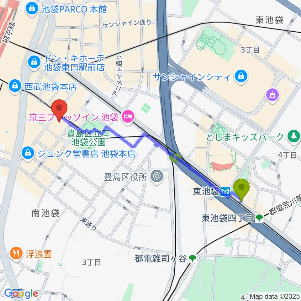東池袋駅からクロサワ楽器池袋店 アコースティック館へのルートマップ地図