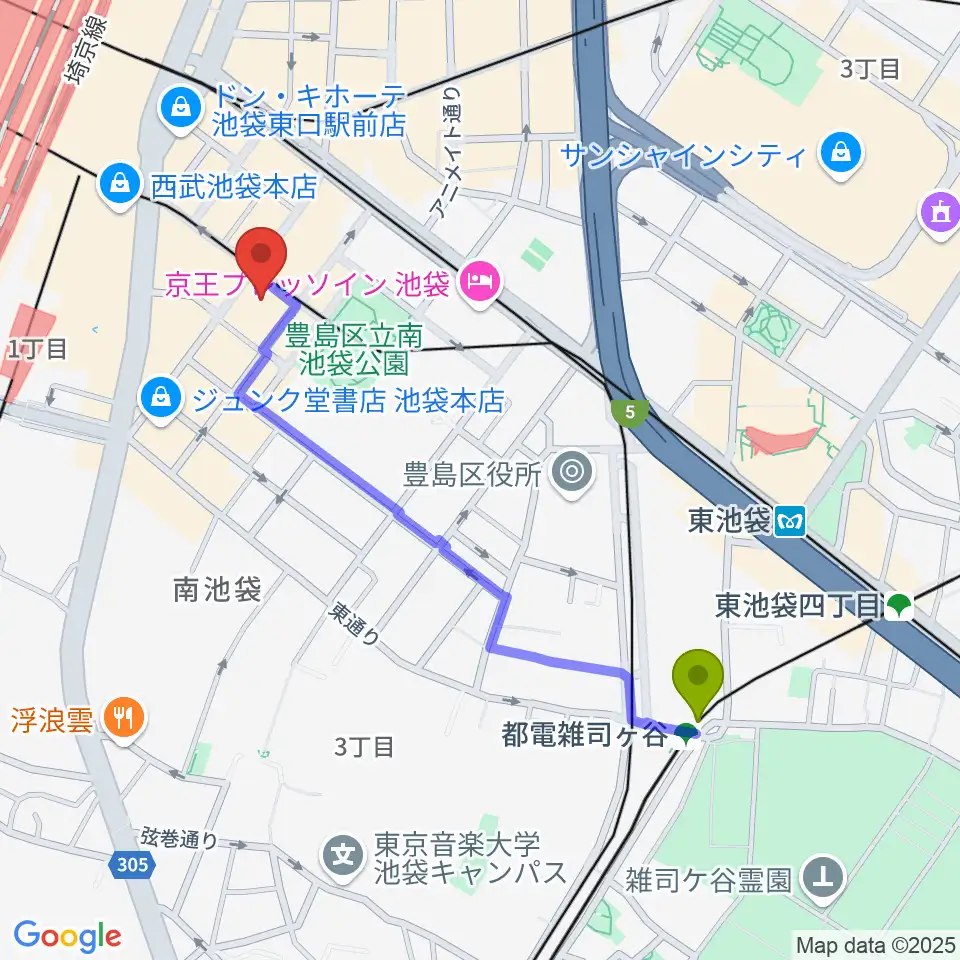 都電雑司ヶ谷駅からクロサワ楽器池袋店 アコースティック館へのルートマップ地図