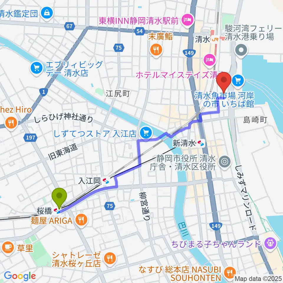 桜橋駅から清水テルサへのルートマップ地図